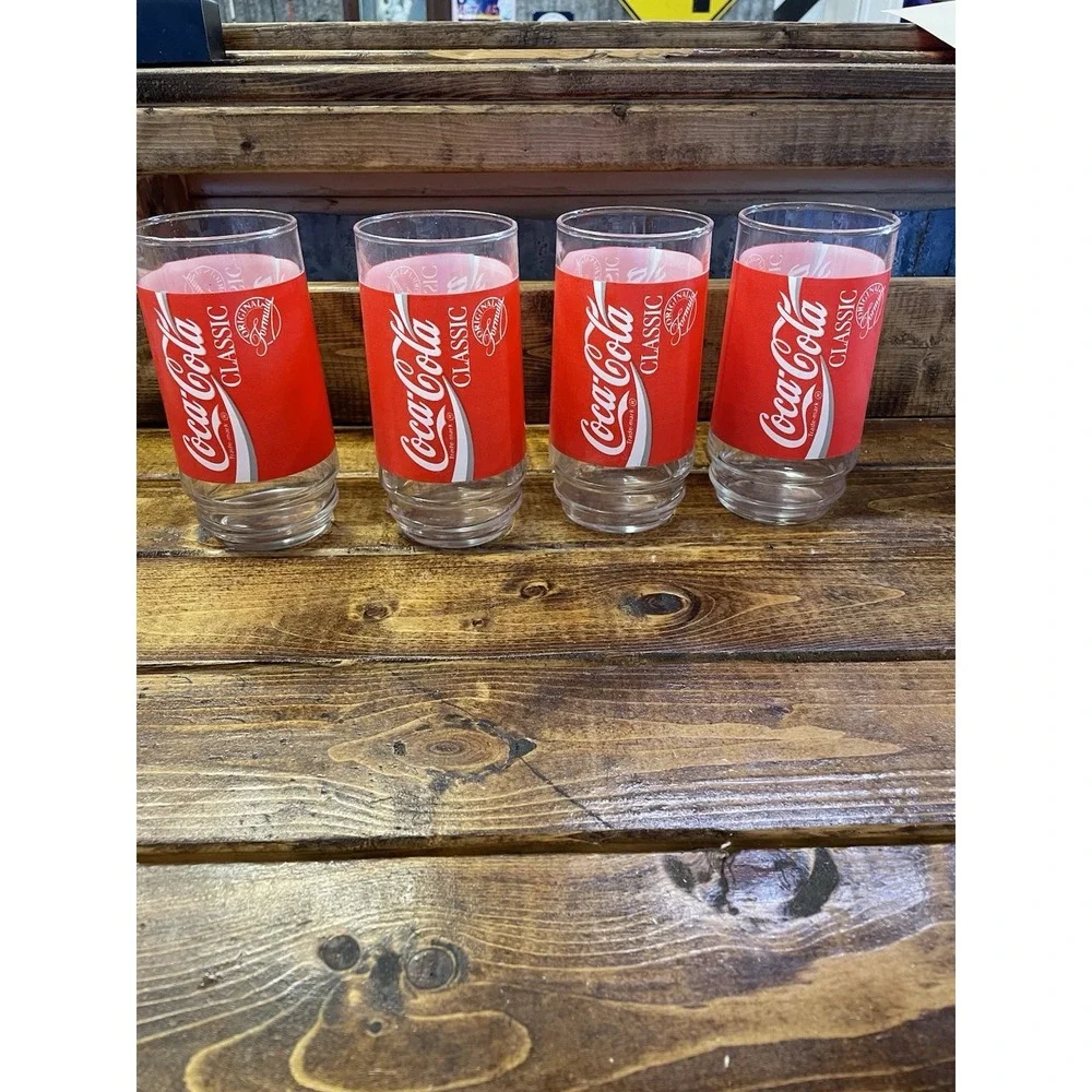 Coca-Cola Classic Glass Drinking Cup W/Red Labe Set Of‎ 4